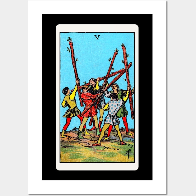 Card #26 - Five Of Wands - Rider Waite Smith Tarot Wall Art by RetroFitted